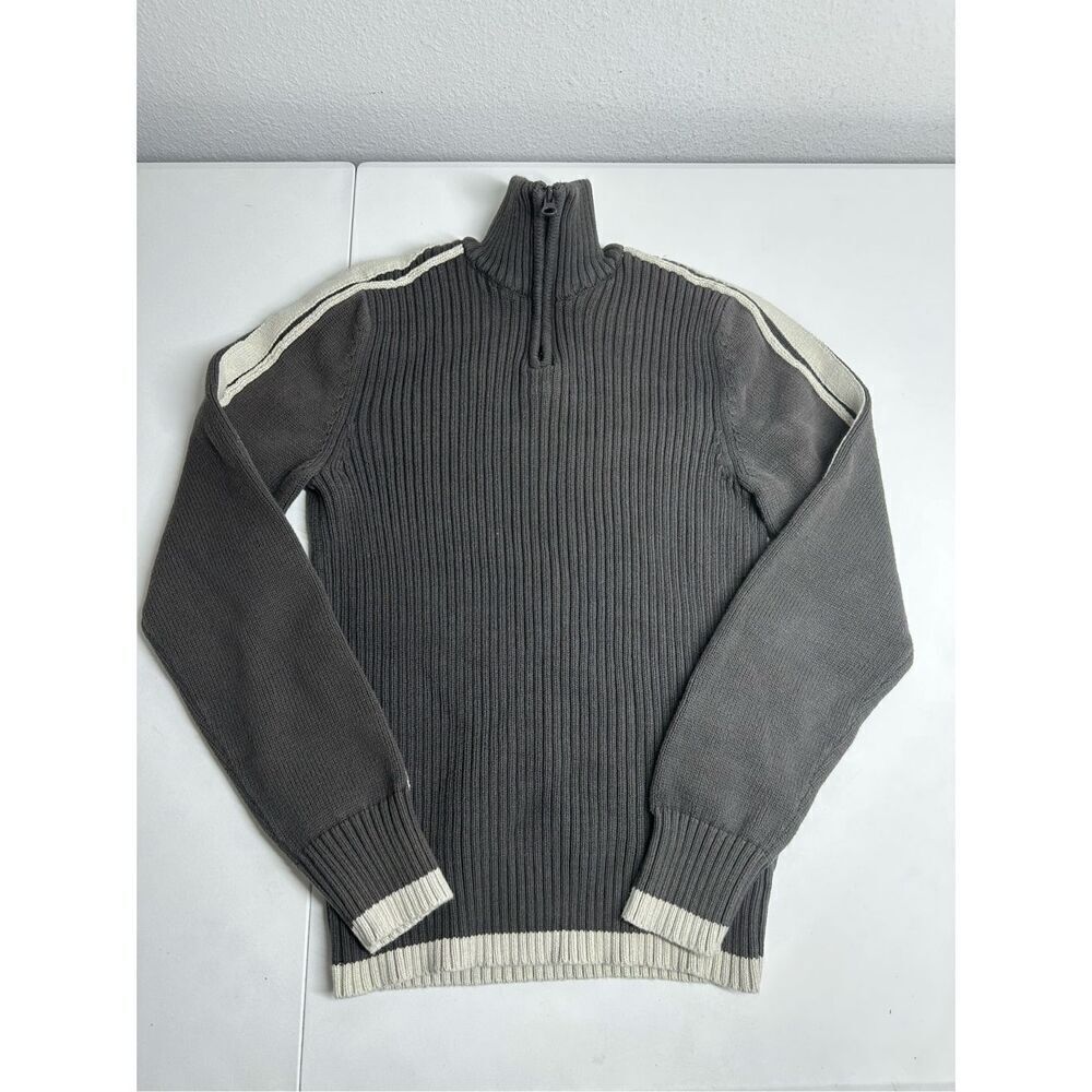 American Rag Men's Knit Sweater Gray Cotton 1/3 Zip Turtleneck White Trim Size S